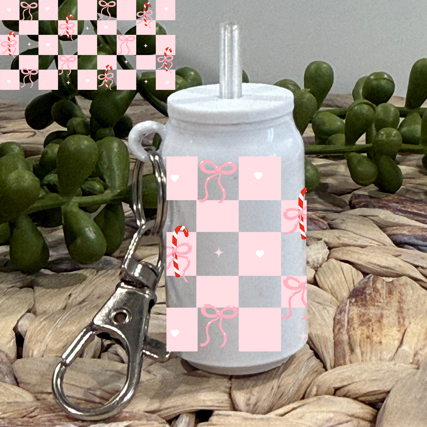 Checkered Candy Cane -Beer Can Keychain UV DTF Wrap