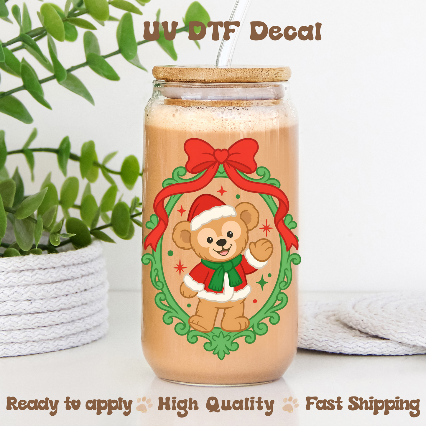 Christmas Bear with Red Bow- UVDTF Decal