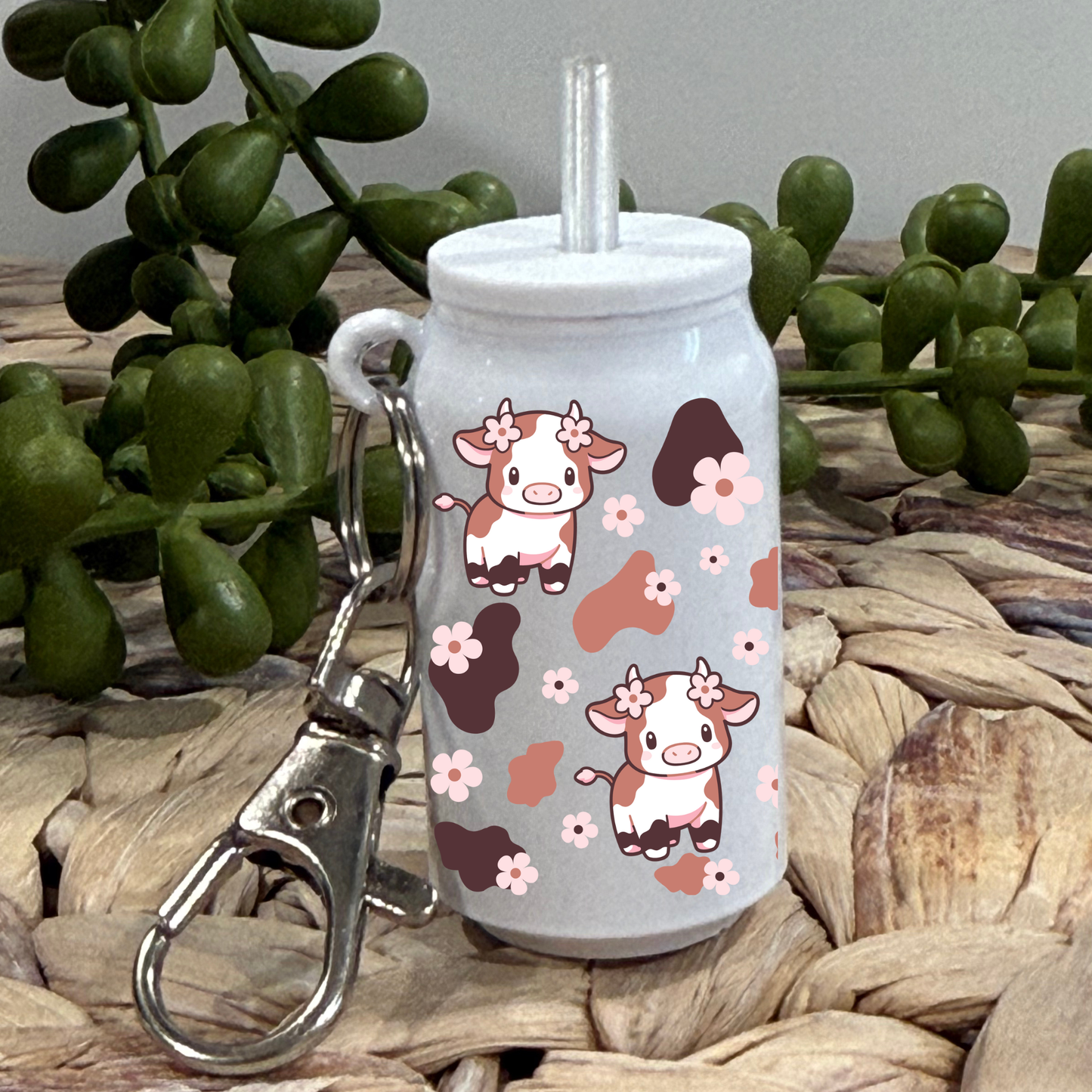 Cow And Flowers -Glass Can Keychain UV DTF Wrap