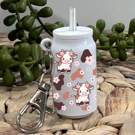 Cow And Flowers -Glass Can Keychain UV DTF Wrap