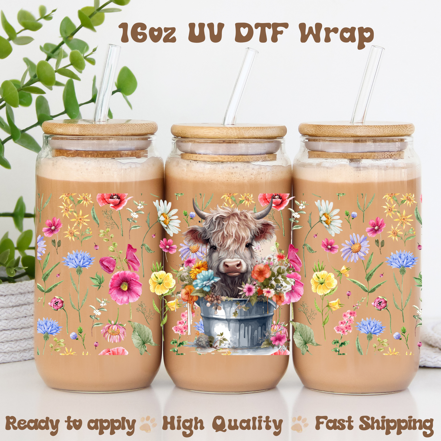 Cow and Spring Flowers- 16oz UV DTF Wrap