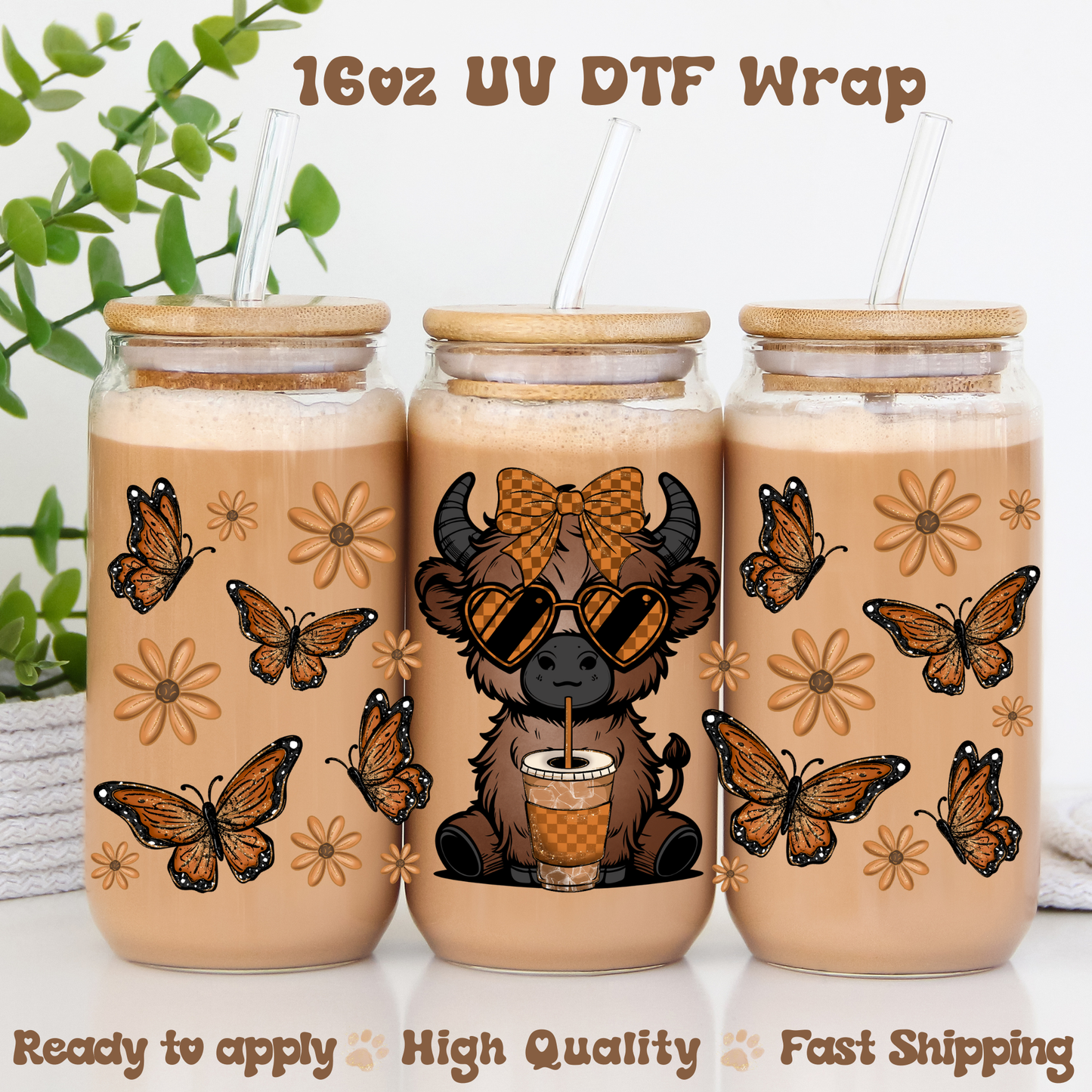 Cow with Butterflies-16oz UV DTF Wrap