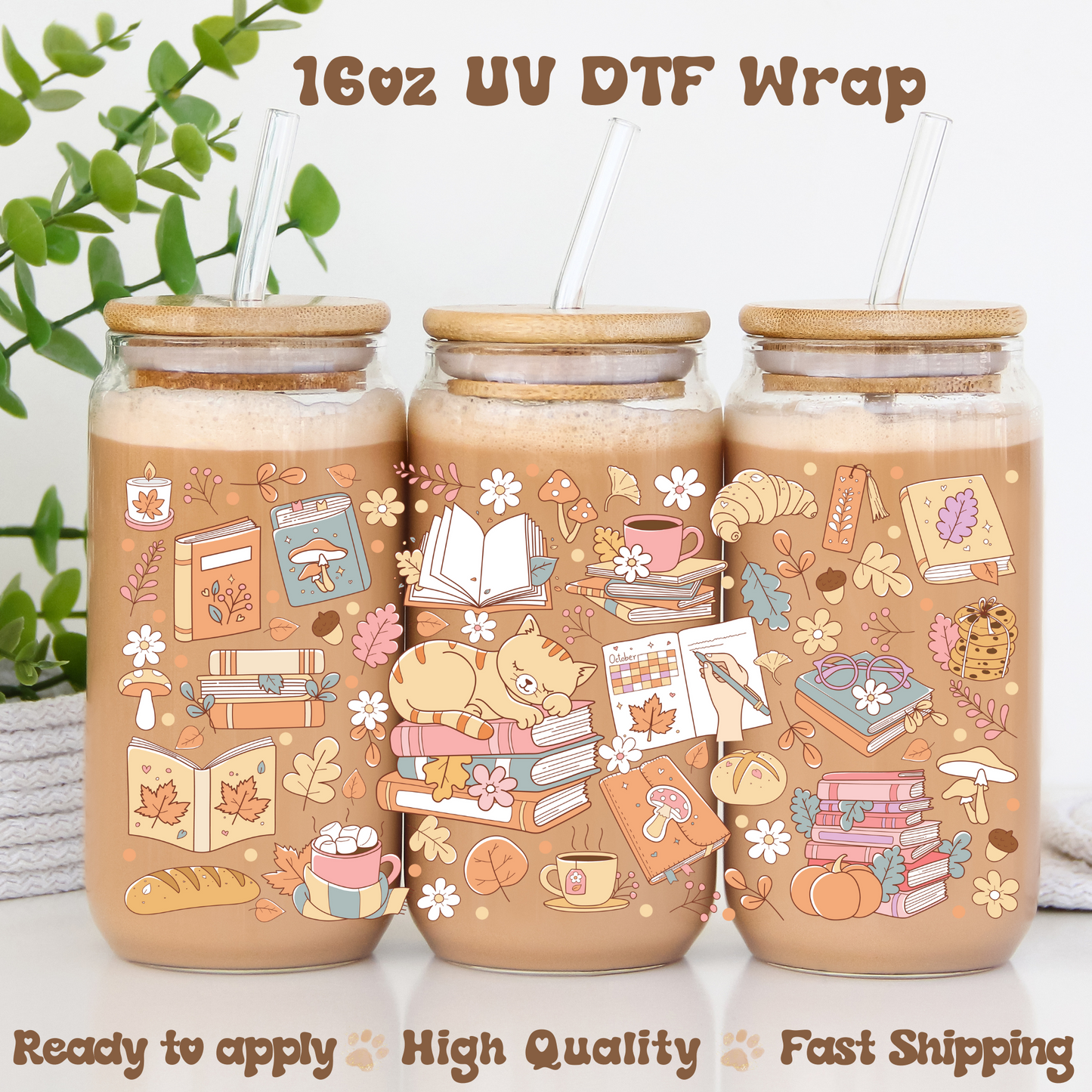 Cozy Bookish Cat -16oz UV DTF Wrap