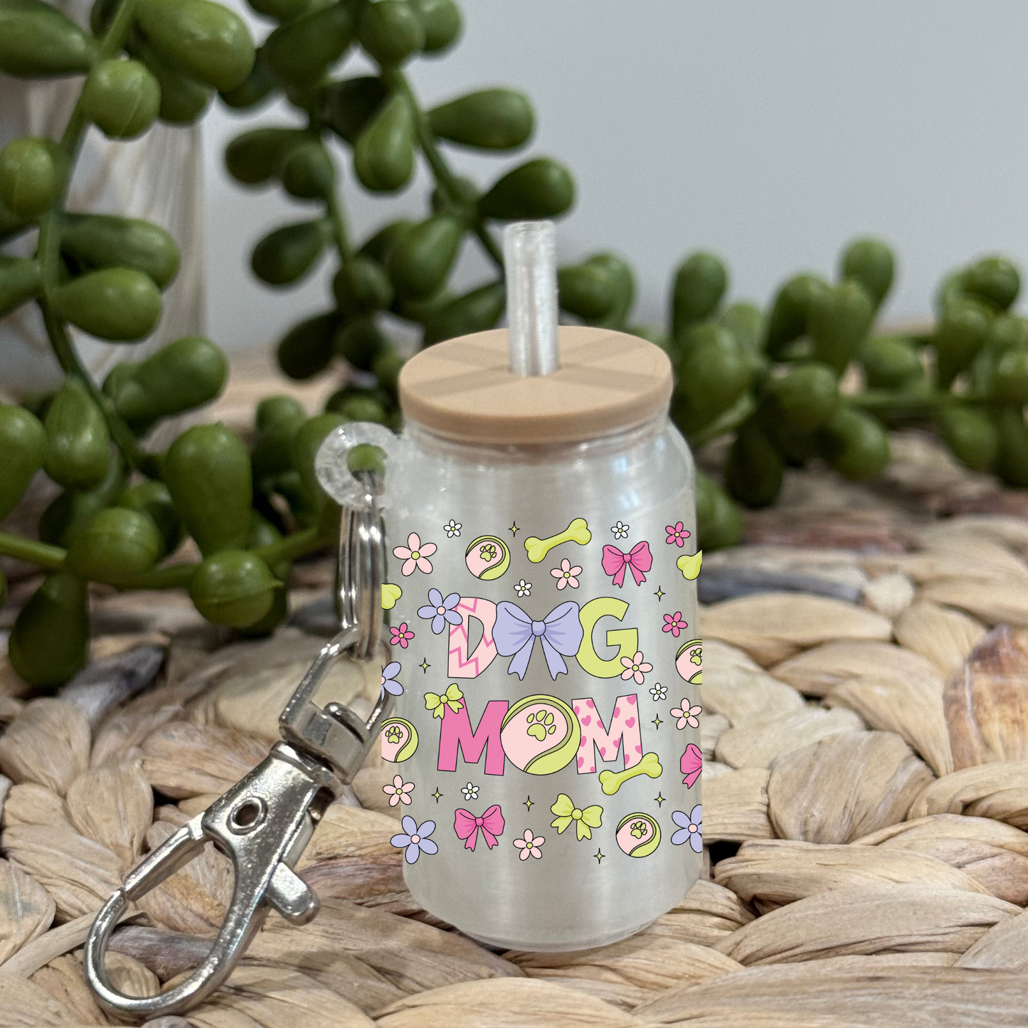 Dog Mama Pink And Green -Glass Can Keychain UV DTF Wrap