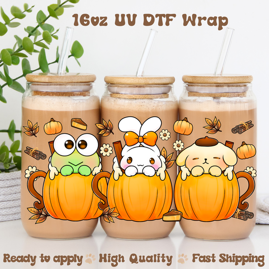 Frog and Friends Pumpkin Spice Lattes -16oz UV DTF Wrap
