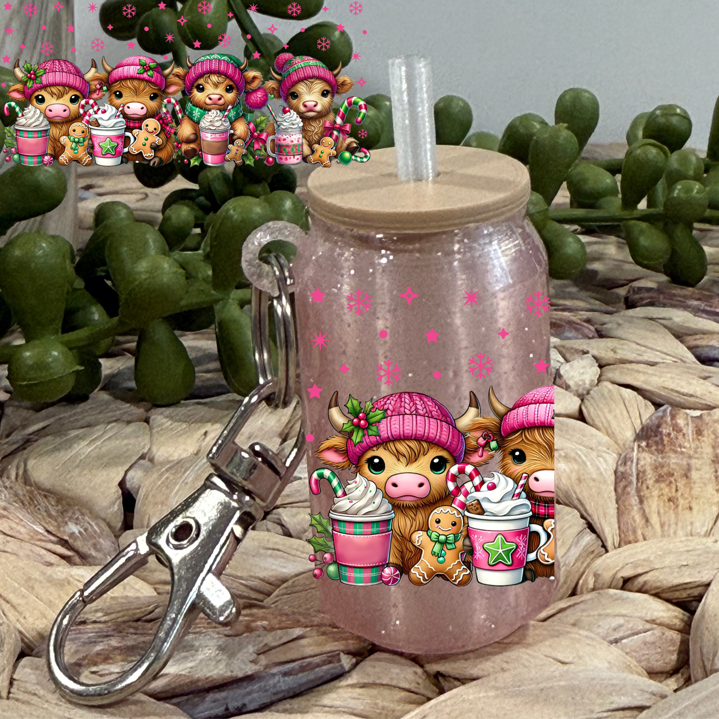 Highland Cow Christmas -Glass Can Keychain UV DTF Wrap