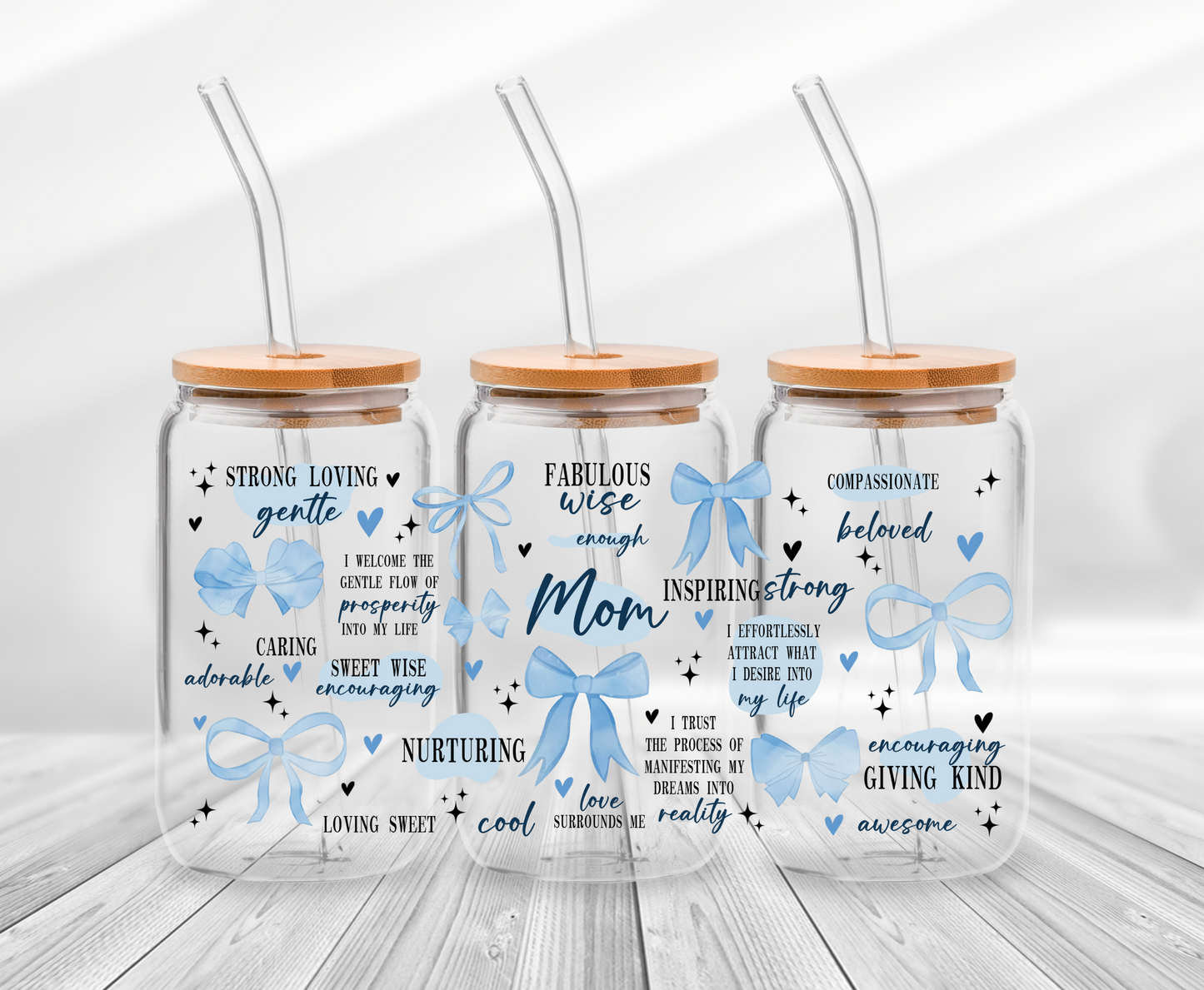 Mom Blue Bows -16oz UV DTF Wrap