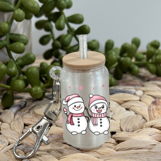 Pink Snowmen-Glass Can Keychain UV DTF Wrap