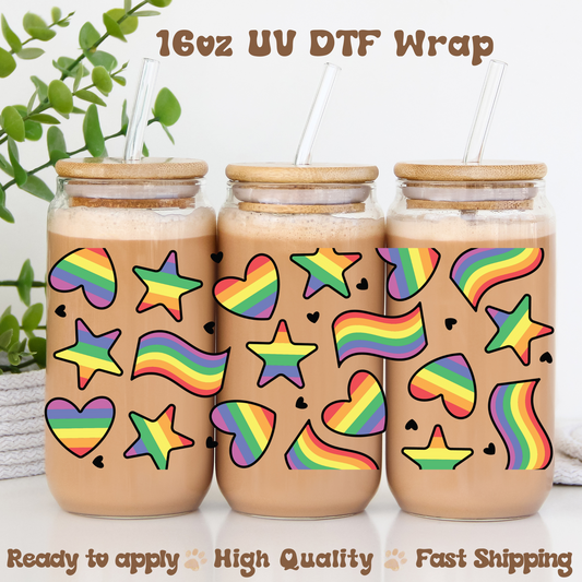 Pride Stars, Hearts, and Flags - 16oz UV DTF Wrap