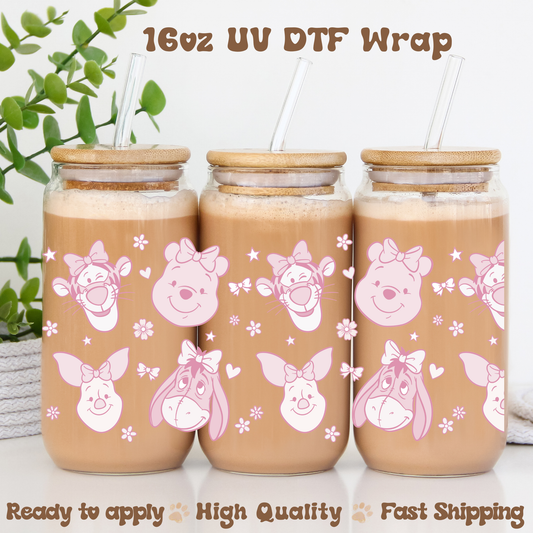 Bear and Friends With Bows Pink- 16oz UV DTF Wrap