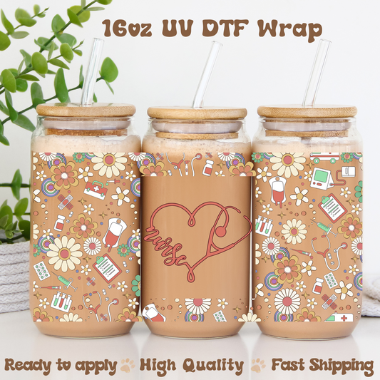 Boho Floral Nurse -16oz UV DTF Wrap