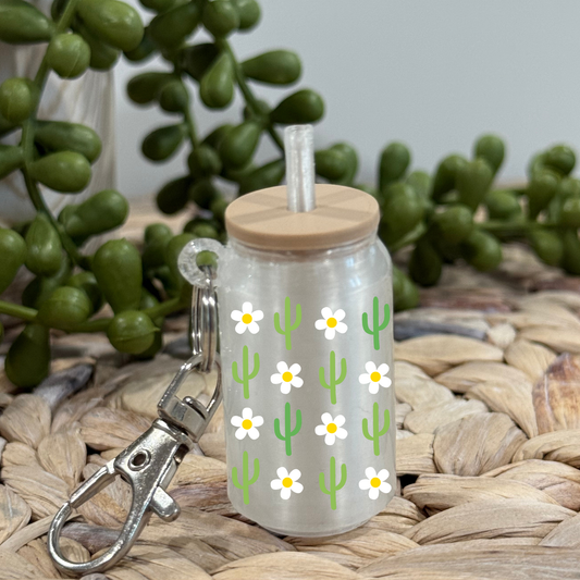 Cactus And Daisies -Glass Can Keychain UV DTF Wrap