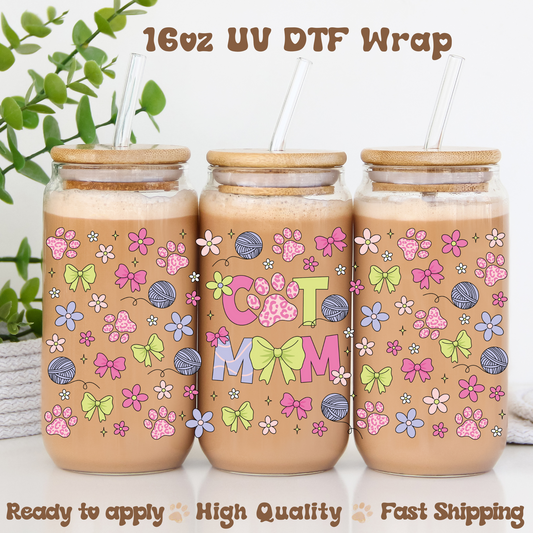 Cat Mom Pink and Green - 16oz UV DTF Wrap
