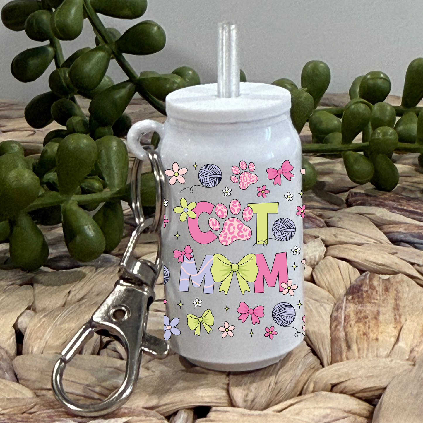 Cat Mom Pink And Green -Glass Can  Keychain UV DTF Wrap