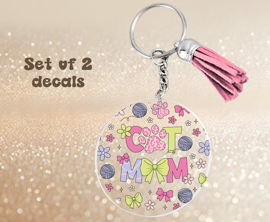 Cat Mom Pink and Green - UV DTF Keychain Decal (set of two)