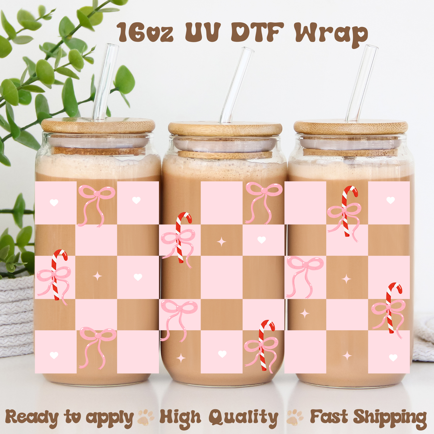Checkered Candy Cane-16oz UV DTF Wrap