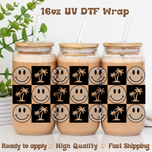 Checkered Palm Trees Black- 16oz UV DTF Wrap