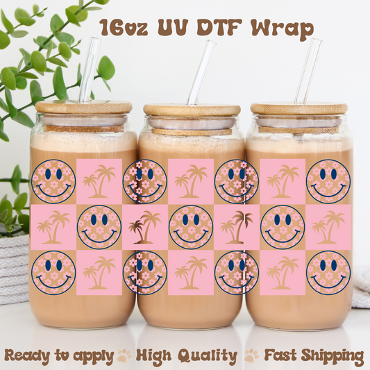 Checkered Palm Trees Pink- 16oz UV DTF Wrap