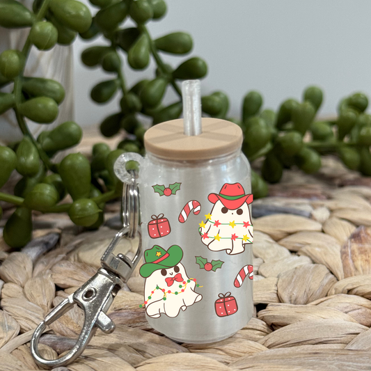 Christmas Cowboy Ghost Red And Green -Glass Can Keychain UV DTF Wrap