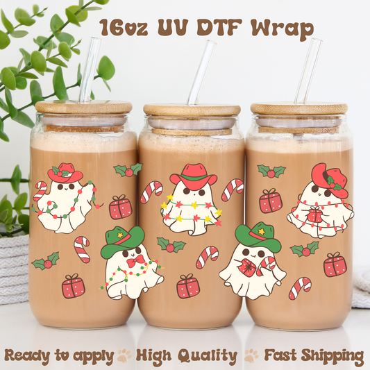 Christmas Cowboy Ghost red and green-16oz UV DTF Wrap