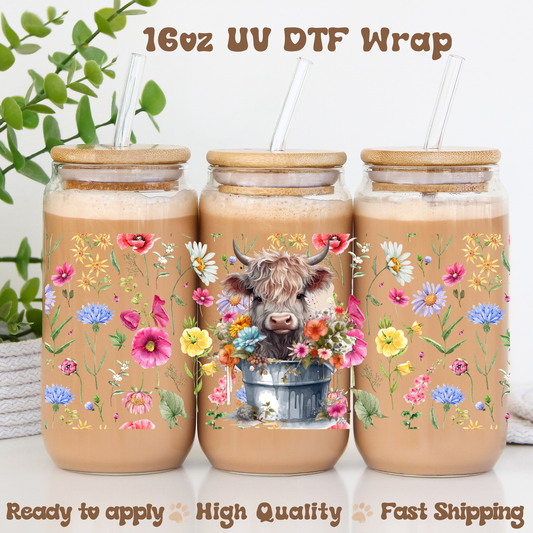 Cow and Spring Flowers- 16oz UV DTF Wrap