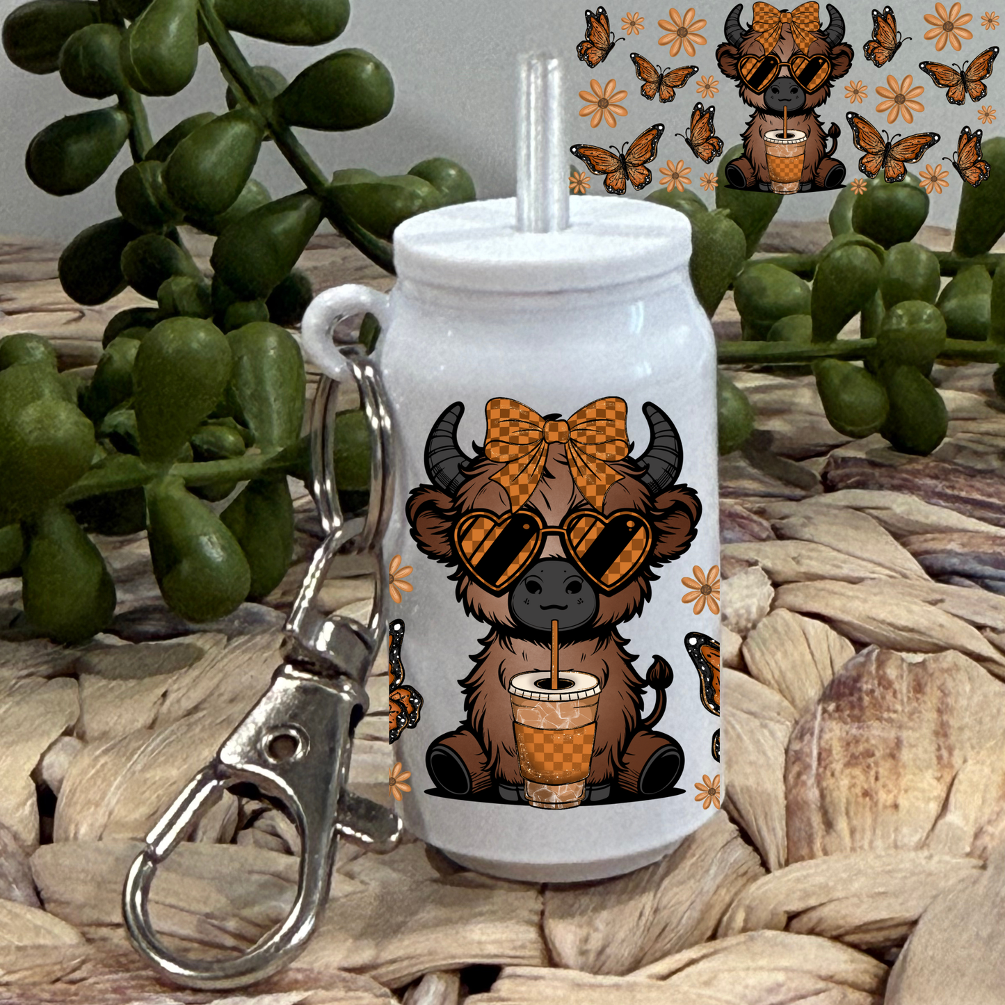 Cow with Butterflies -Beer  Can Keychain UV DTF Wrap
