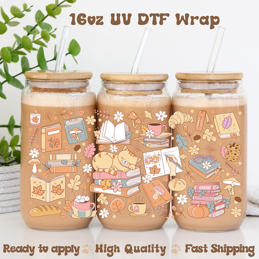Cozy Bookish Cat -16oz UV DTF Wrap