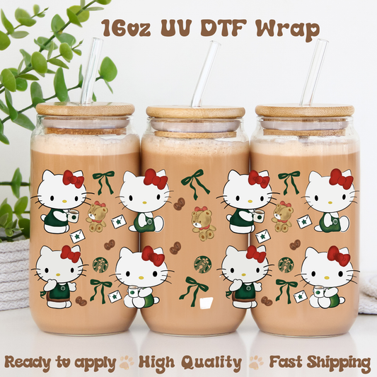 Cute Cat and Coffee - 16oz UV DTF Wrap