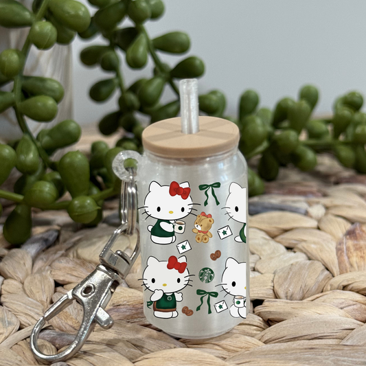 Cute Cat and Coffee - Glass Can Keychain UV DTF Wrap
