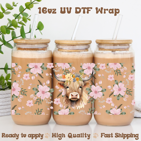Highland Cow and Cherry Blossoms- 16oz UV DTF Wrap