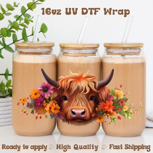 Highland Cow and Orange Flowers- 16oz UV DTF Wrap