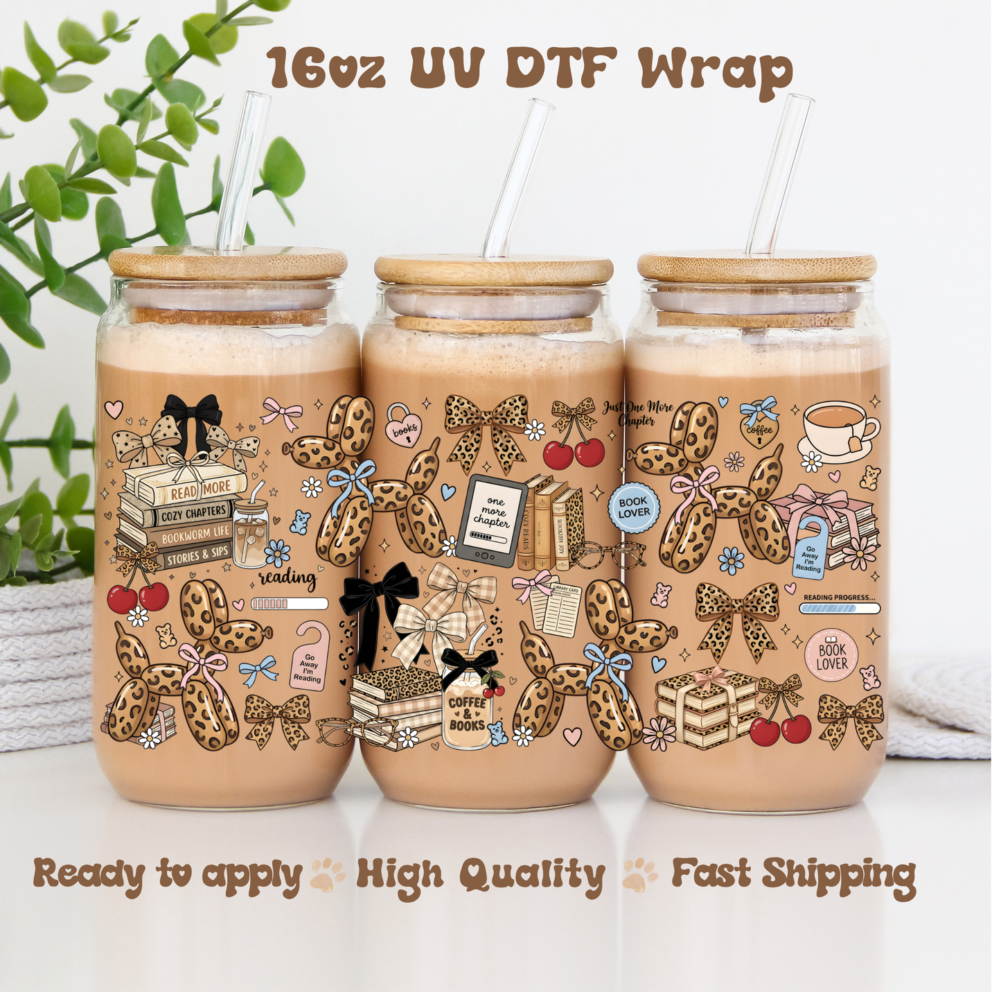 Leopard Balloon Dog Book Lover - 16oz UV DTF Wrap