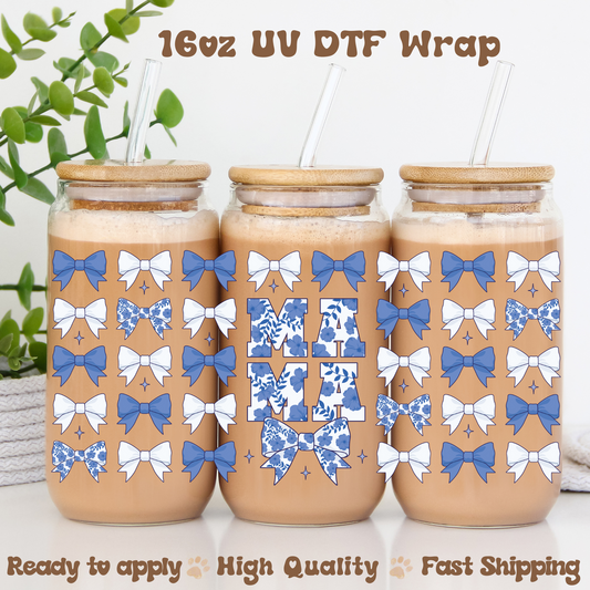 Mama Blue Bows -16oz UV DTF Wrap