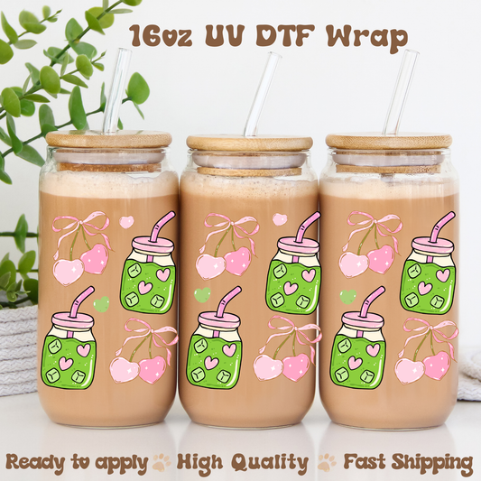 Matcha Cherry Hearts   - 16oz UV DTF Wrap