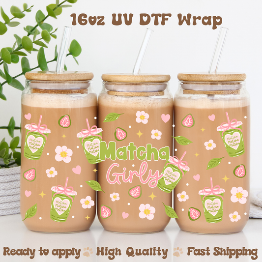 Matcha Girly Cherry Blossom -16oz UV DTF Wrap
