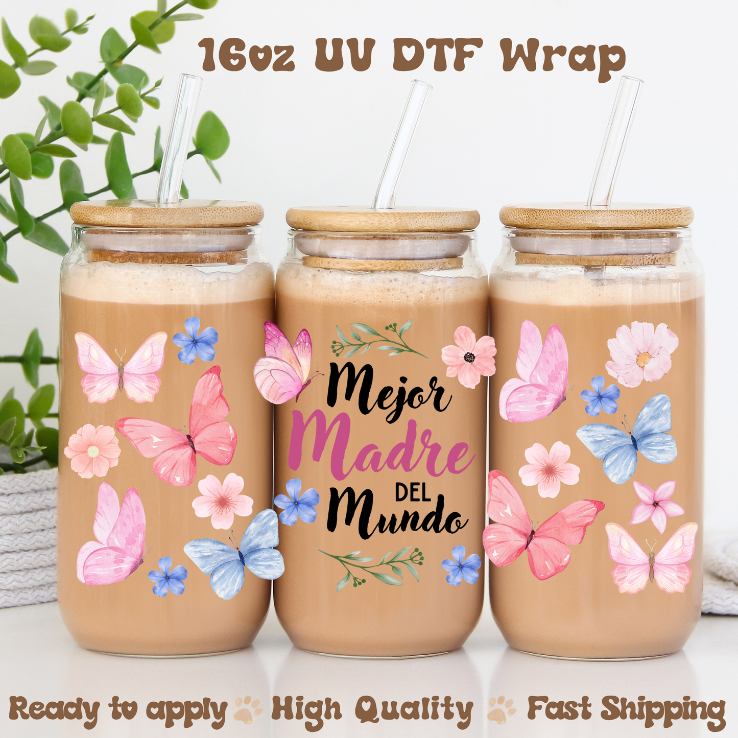 Mejor madre del mundo butterflies - 16oz UV DTF Wrap