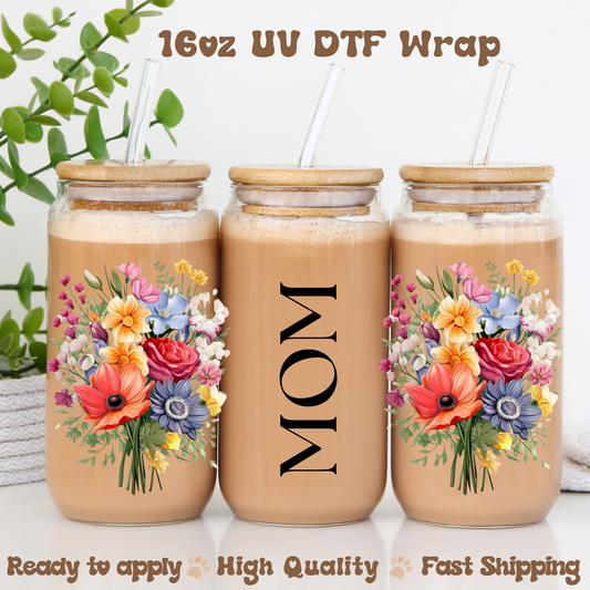 Mom colorful flowers  - 16oz UV DTF Wrap