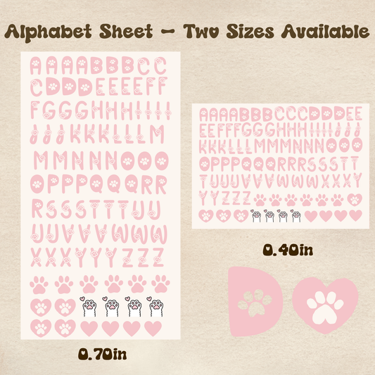 Paw Alphabet Pink - UV DTF Sheet (Two Sizes Available)