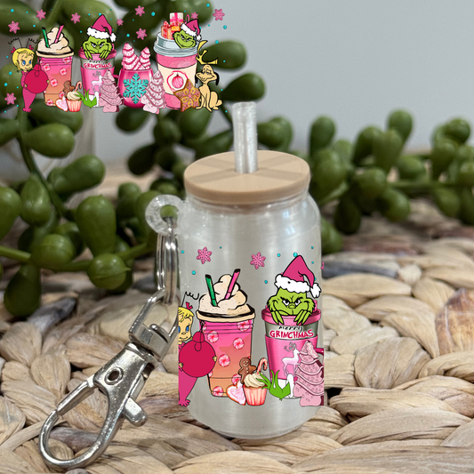 Pink G Christmas -Glass Can Keychain UV DTF Wrap