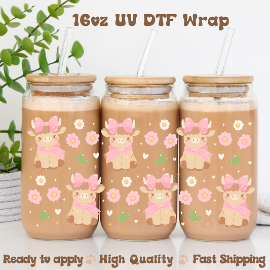 Pink Highland Cows - 16oz UV DTF Wrap
