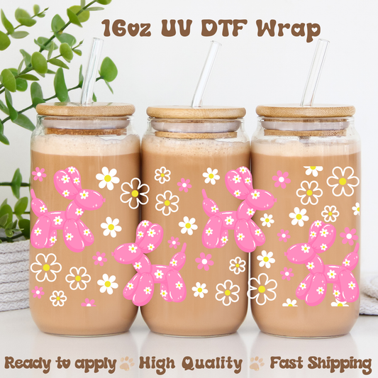 Pink spring Balloon Dog- 16oz UV DTF Wrap