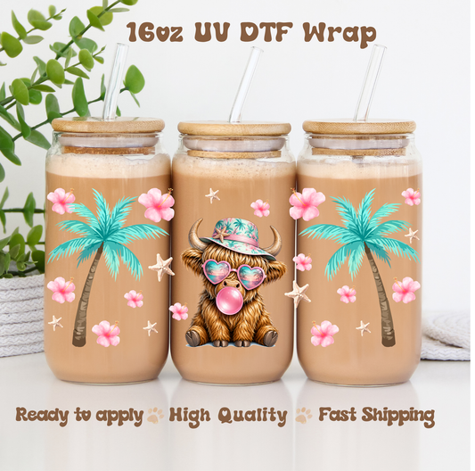 Tropical Highland Cow - 16oz UV DTF Wrap